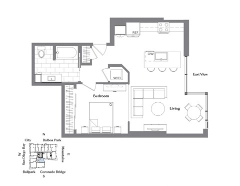 Floor plan for 1 bed, 1 bath, 783 sqft